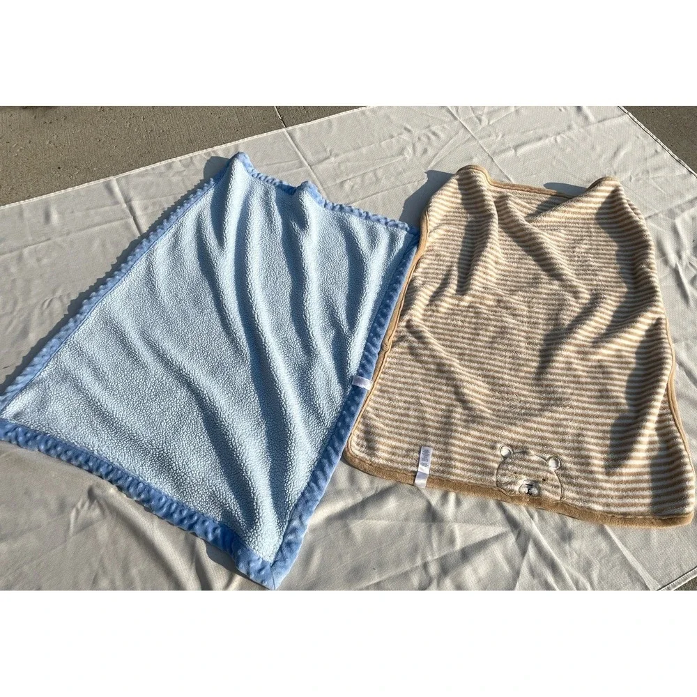 Lot Of 2 Carter's Baby Blankets Monkey Teddy Bear Stripes Brown Blue Fleece